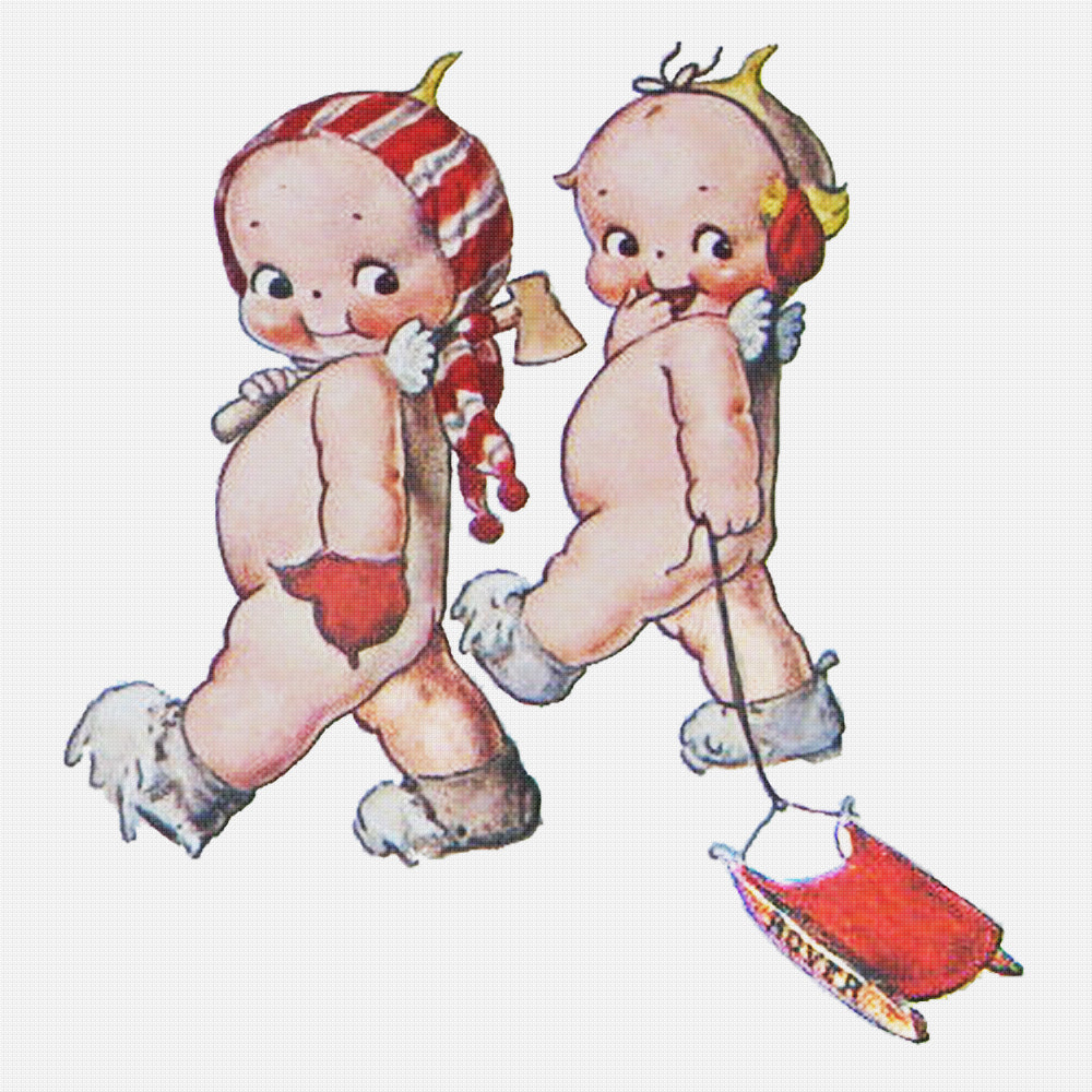 Kewpies Go Sledding! Christmas by Rose O'Neill Counted Cross Stitch Pattern