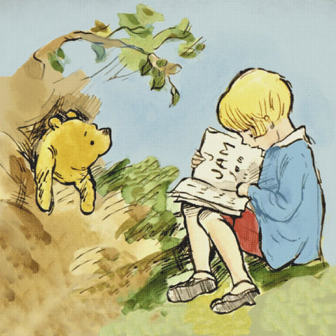 Christopher Robin Reads To Pooh Bear Counted Cross Stitch Pattern DIGITAL DOWNLOAD