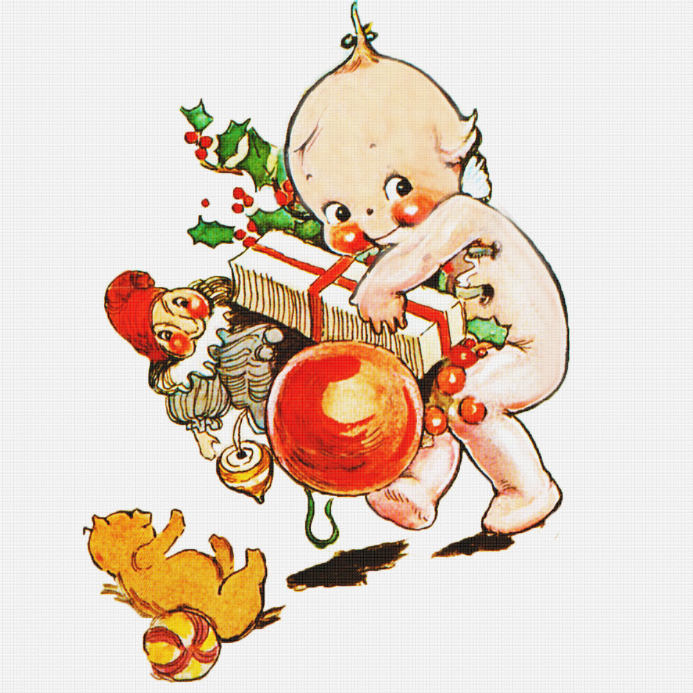 Kewpie with  Christmas Presents by Rose O'Neill Counted Cross Stitch Pattern