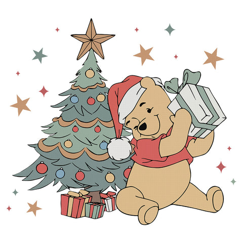 Winnie The Pooh Checks Presents Under Christmas Tree Counted Cross Stitch Pattern