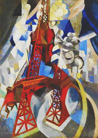 Abstract The Red  Eiffel Tower Geometric Cubism by Artist Robert Delaunay Counted Cross Stitch Pattern