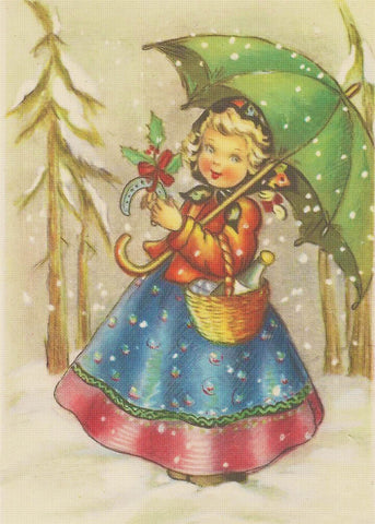 Vintage Folkart Girl on a Christmas Outing Counted Cross Stitch Pattern