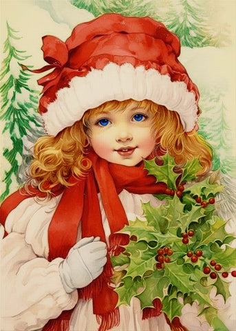 Girl With Bouquet of Holly Christmas Counted Cross Stitch Pattern