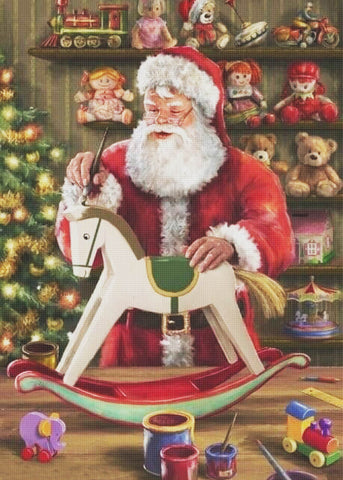 Vintage Santa Claus Painting A Hobby Horse Counted Cross Stitch Pattern