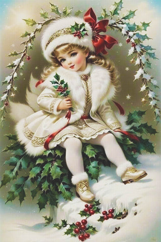 Victorian Child in Her  Christmas Finery Counted Cross Stitch Pattern