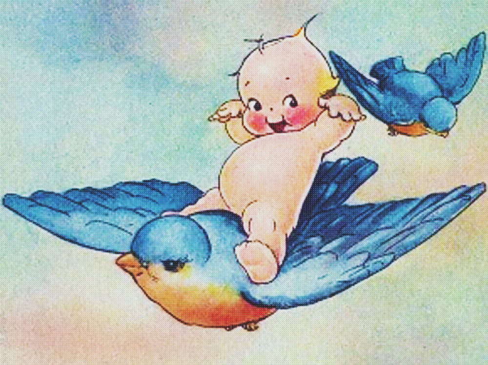 Kewpie Riding a Blue Bird by Rose O'Neill Counted Cross Stitch Pattern