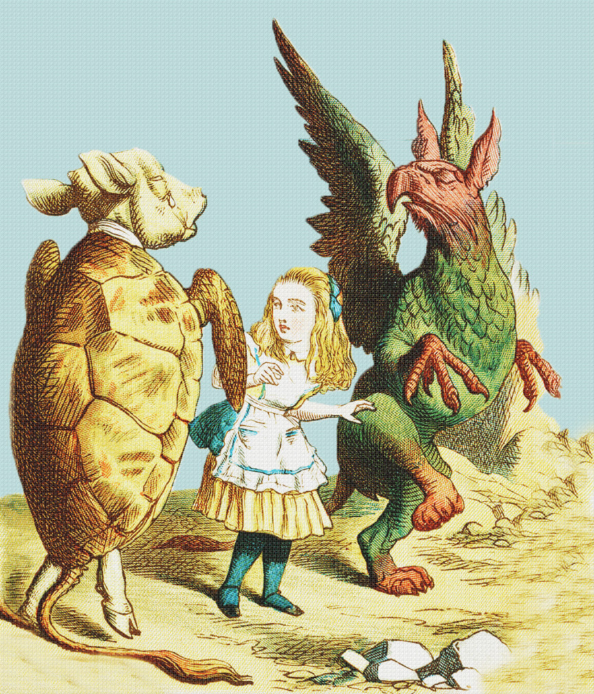 Tenniel's Alice The Mock Turtle and the Gryphon from Alice in Wonderland Counted Cross Stitch Chart Pattern