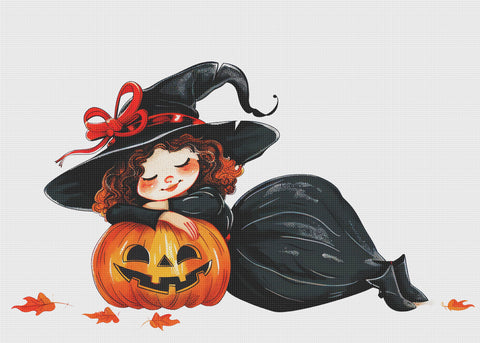 Little Girl Witch With Pumpkins Counted Cross Stitch Pattern 10 DMC Colors