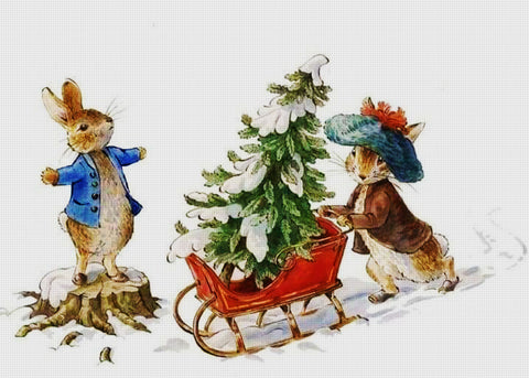 Peter and Benjamin Rabbit Bring The Christmas Tree Home by Beatrix Potter Counted Cross Stitch Pattern