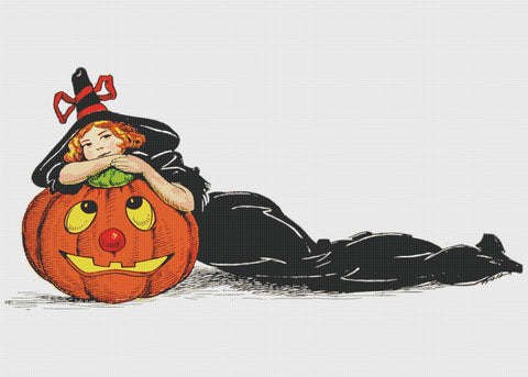 Witch With Pumpkins Counted Cross Stitch Pattern 10 DMC Colors