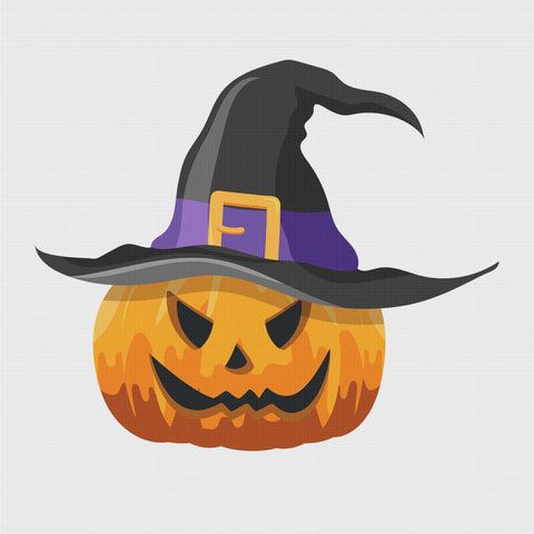 Pumpkin in Colorful Witches Hat Counted Cross Stitch Pattern DIGITAL DOWNLOAD