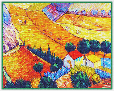 Farms in Arles France by Vincent Van Gogh Counted Cross Stitch Pattern DIGITAL DOWNLOAD - Simplified