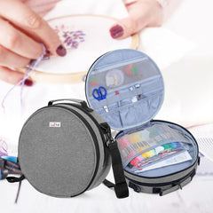 Embroidery Bag, Double-Layer Round Embroidery Project Storage Bag for Storing Embroidery Kits and Cross Stitch Kits, with Handle and Shoulder Strap - Grey