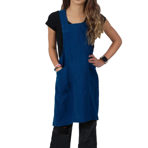 Home Firenze Kids 100% Stonewashed Linen Smock Apron-Blue