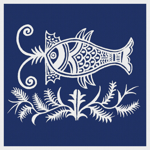 Asian Indigo Batik Fish Folk Art Design *2 DMC Colors* Counted Cross Stitch Pattern Digital Download