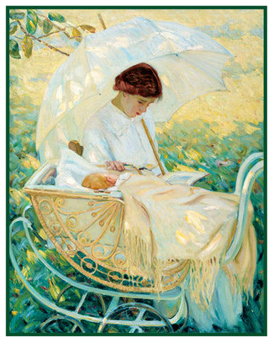 Mother and Baby in the Garden by American Impressionist Artist Mary Cassatt Counted Cross Stitch Pattern