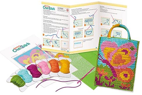 KRAFUN krafun cross stitch kits for kids beginners, 4 cross stitching  keyrings arts & crafts with butterfly and flower, needlepoint