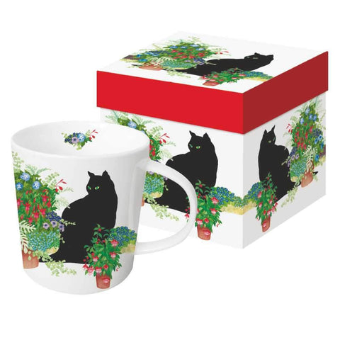 SUE BOETTCHER'S Black Cat Flower Pot Gift-Boxed Contemporary Mug Designed from PPD